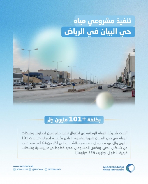 NWC completes 2 water line and network projects in Al Bayan District, Riyadh at SR 101+ million