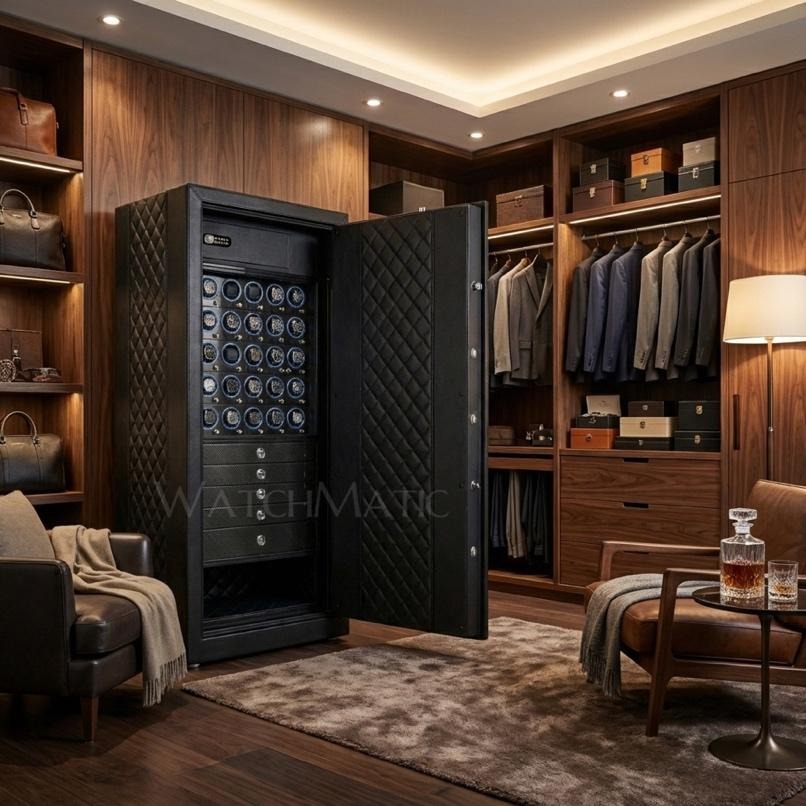 A room with a large black safe

Description automatically generated